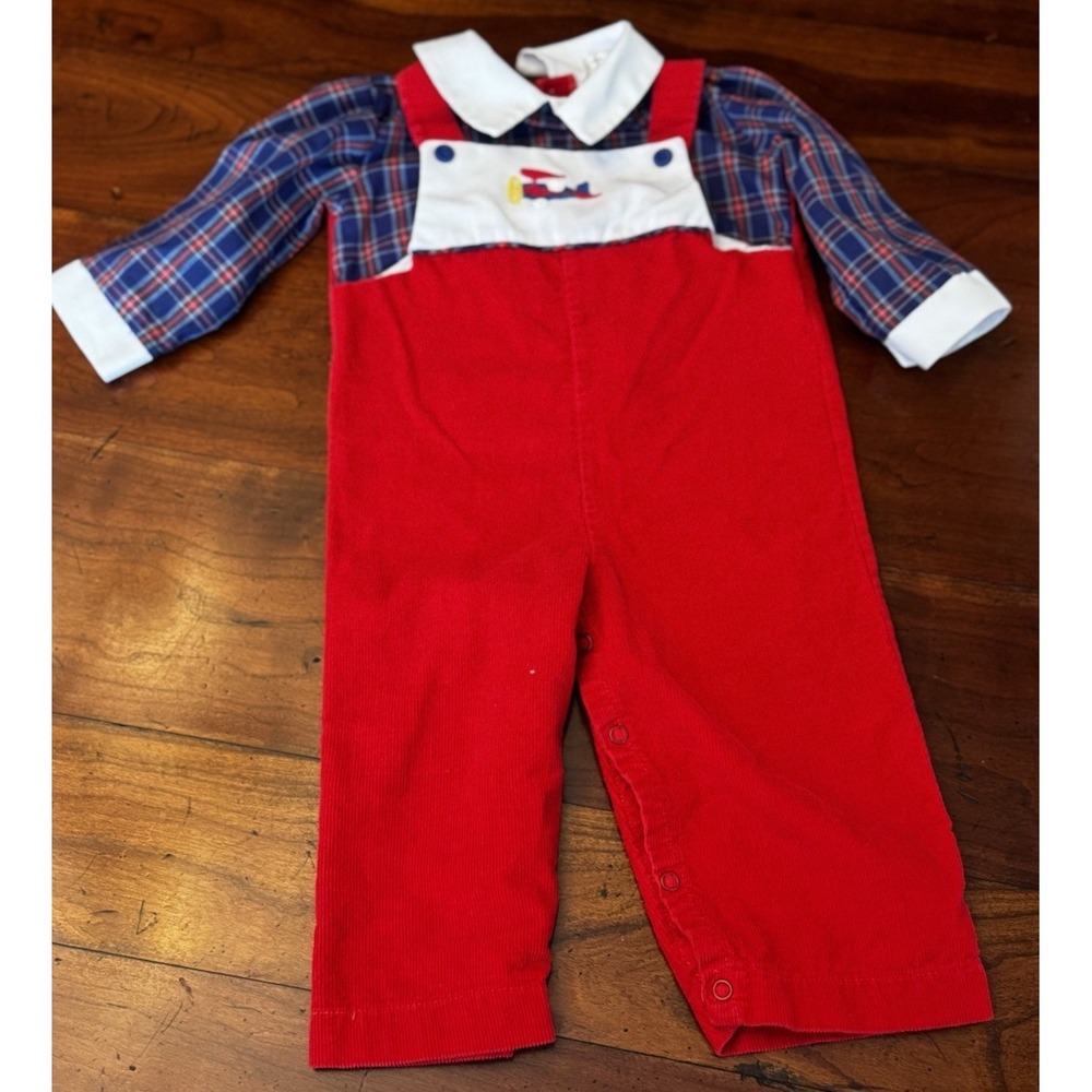 Vintage Bryan Baby XL Corduroy Red Overalls w/h Plaid Shirt, Collar, & Plane‎